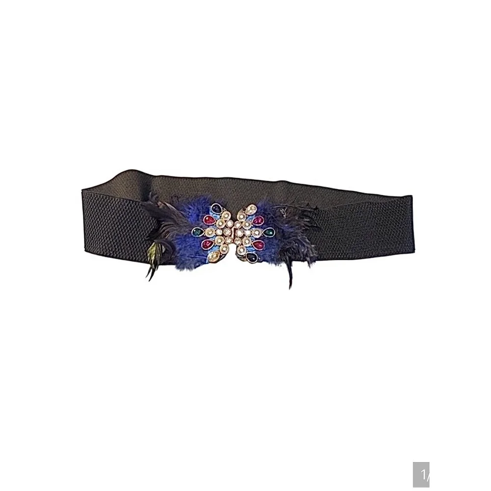 Womens Wide Elastic Cinch Belt Multi‎ Color Rhinestone Butterfly Feather Buckle